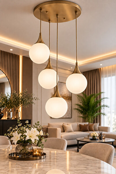 VENON Elora 3 + 1 Yuvarlak Sarkıt Avize ✨ ESKİTME ✨ BEYAZ GLOP CAMLI ✨ Salon ...