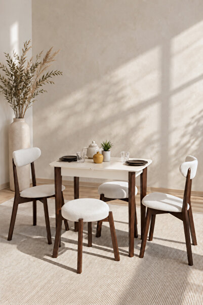 MAQ HOME 4 Kişilik Açılır Mutfak Masası Takımı 60x90 MDF Sandalyeli Puflu Ekr...