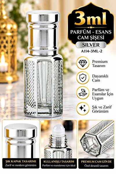 ESVED Parfüm Esans Cam Şişesi Silver Boş Esans Şişesi 3 Ml. Premium A114-3ML-2
