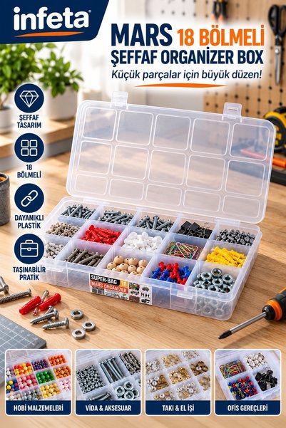 İnfeta 18 Bölmeli Şeffaf Organizer Kutu Kapaklı Çok Amaçlı Düzenleyici Saklam...