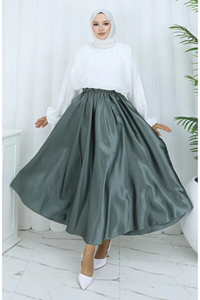 sefamerve Elastic Waist Satin Skirt 0148-01 Mildew Green