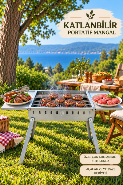 NATURELMETAL Portatif Katlanır Mangal Krom Kaplama Izgaralı Sehpalı Galvaniz ...