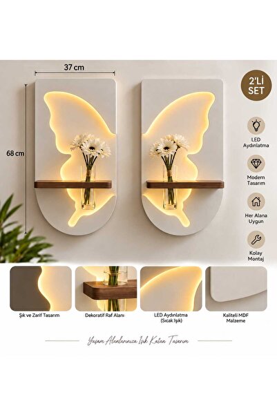 2'Li LED Aydınlatmalı Beyaz Renk, Kelebekli Vazolu Dekoratif Duvar Rafı Modern MDF Duvar Dekoru 38x68 cm