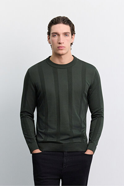 Avva Men's Khaki Crew Neck Easy-Iron Wrinkle-Resistant Long Sleeve Regular Fi...
