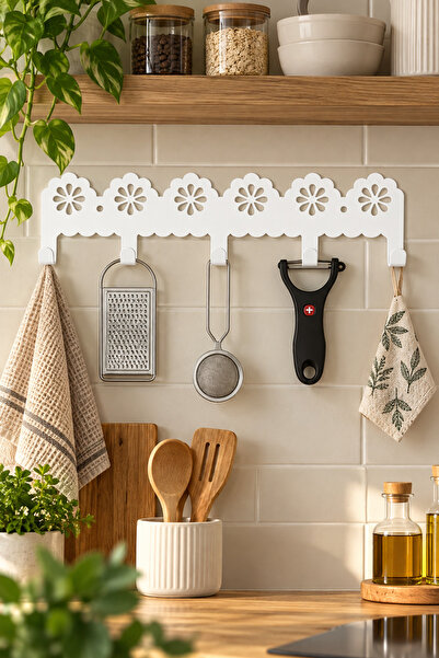 VENON Suport de perete din metal cu 5 bucăți cu motiv floral decorativ alb Su...