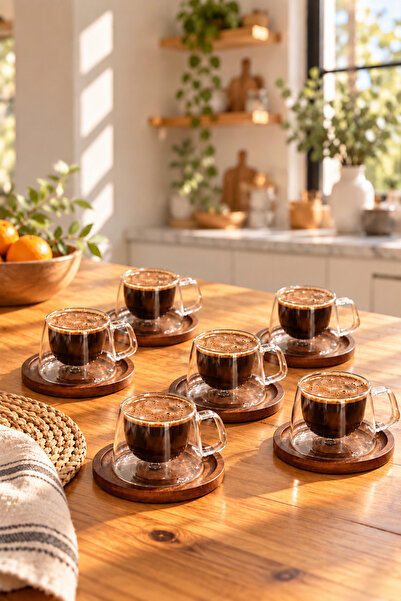 Janset 6-Piece Glass Turkish Coffee Cup Set with Acacia Plates