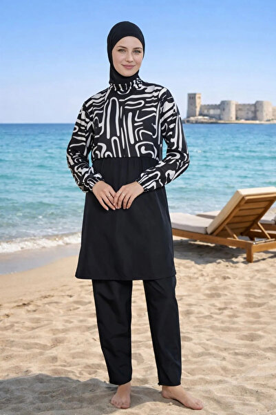 Burcumay Full Coverage Parachute Fabric Black Patterned Hijab Swimsuit Set