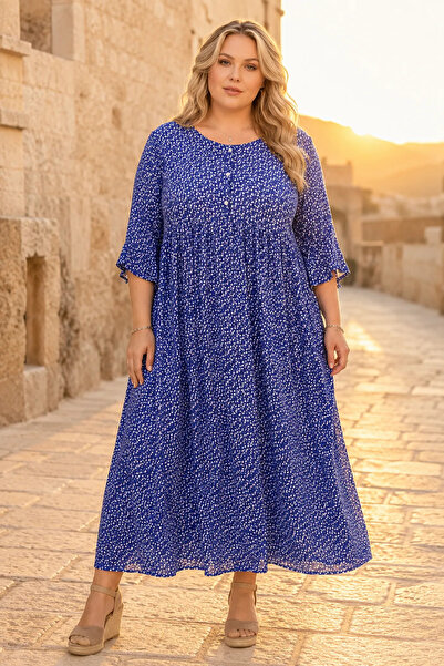 Park Moda Women's Plus Size Navy Blue Viscose Dress Summer Long Buttoned Pock...