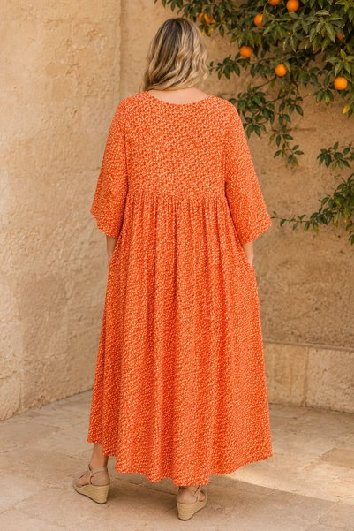 Park Moda Women's Plus Size Orange Viscose Dress Summer Long Buttoned Pocketed Crisp Floral Pattern