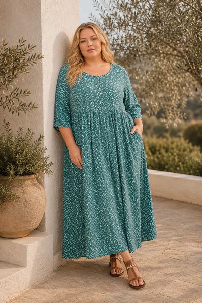 Park Moda Women's Plus Size Emerald Green Viscose Dress Summer Long Buttoned Pocketed Crisp Floral Print