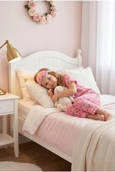 Burcumay Girl's Pink Buttoned Pajama Set Summer Cotton Short Sleeve Sleepwear with Headband