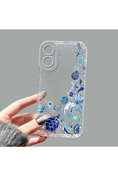 SLIMFELT iPhone 16 Uyumlu Şeffaf mavi okyanus kaplumbağa kılıf, şok korumalı ...