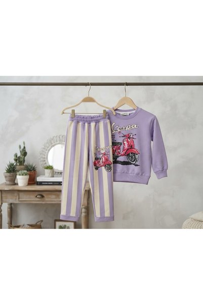 WİKİBOOM Vespa Motor Printed Striped Pants 2-Piece Seasonal Top and Bottom Girls' Set