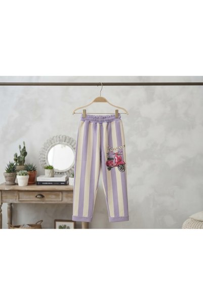 WİKİBOOM Vespa Motor Printed Striped Pants 2-Piece Seasonal Top and Bottom Girls' Set