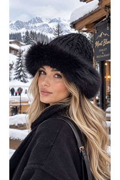 HAZAL KAYA ATELIER Black Knitted Plush Hat Women's Hat