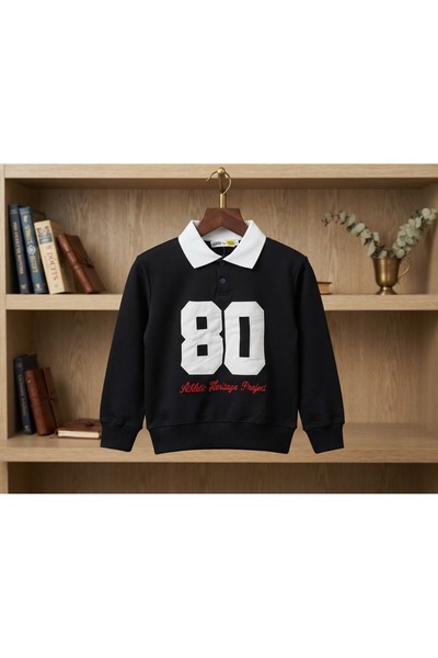 WİKİBOOM 80 Writing Printed Collar Half Pat Buttoned 2-Thread Seasonal Bottom and Top Boys' Tracksuit Dark Navy Blue