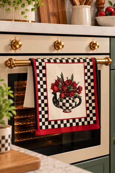 Nari Collections Kırmızı Çiçek & Dama Desenli Fırın Örtüsü – 35x50 cm, Dijita...
