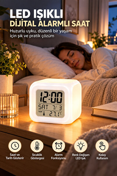 Clevora Dijital Ekranlı Küp Saat LED Işıklı Alarm ve Sıcaklık Göstergeli