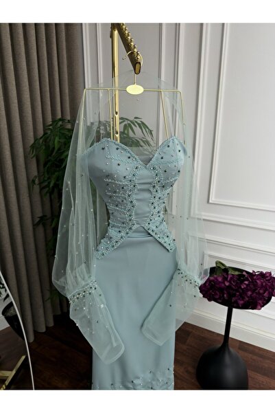 ranin Ice Blue Evening Dress with Beaded Chest and Long Tulle Sleeves