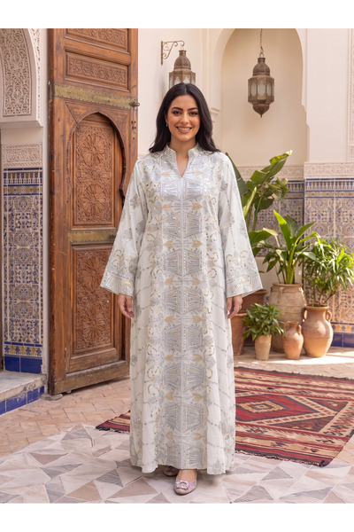 Finelook Women’s White Lilac Geometric Embroidered & Sequin Maxi Kaftan Dress...