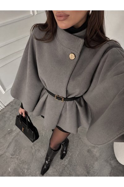 Mivelya Women's Stand Collar Belted Oversized Poncho with Button Detail
