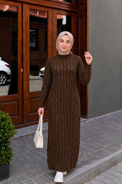 Lunfia Simli Sepet Örgü Desenli Triko Elbise - Kahverengi
