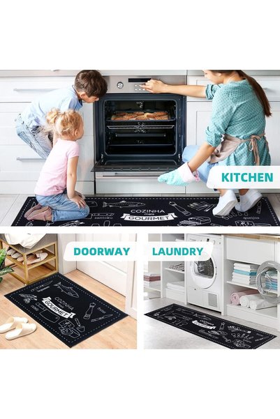 Generic Gourmet Kitchen Rug Set, Black with White Chef Print, 2 Piece