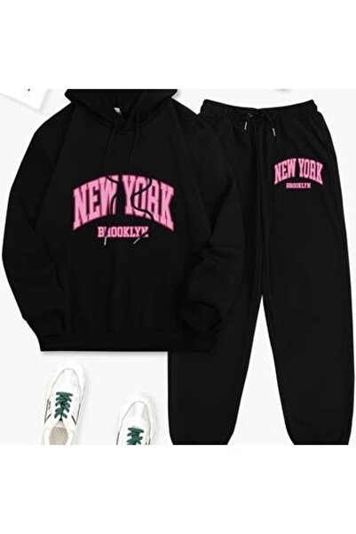 Vordevia Women's 2-Piece New York Printed Top Hooded Bottom Elastic 3 Thread ...