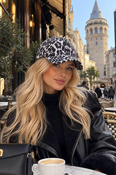 HAZAL KAYA ATELIER Gray Leopard Patterned Cap Women's Hat