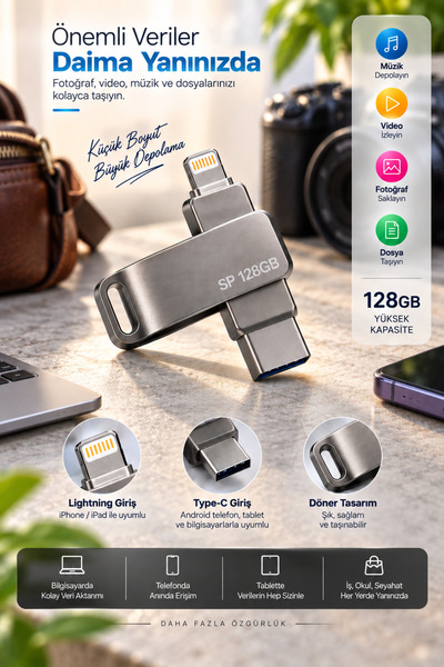 Global Lightning Type C Destekli 128GB Taşınabilir USB Flash Bellek Fotoğraf Video ve Dosya Aktarımı