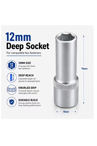 Generic Brand 12mm Deep Socket Wrench, 1/2 Inch Drive Chrome Vanadium Steel 6...