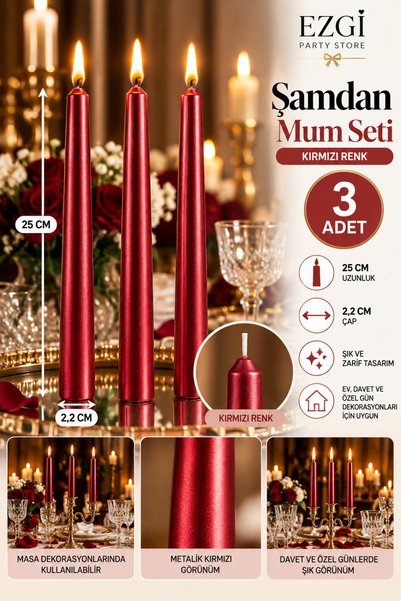 Ezgi Party Store 3 Adet 25 cm Kırmızı Şamdan Mum 2,2 cm Çap Uzun Dekoratif Ma...