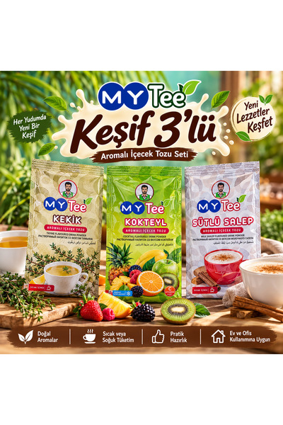 MY Tee Keşif 3'lü – Kokteyl, Kekik ve Sütlü Salep Aromalı İçecek Tozu Seti