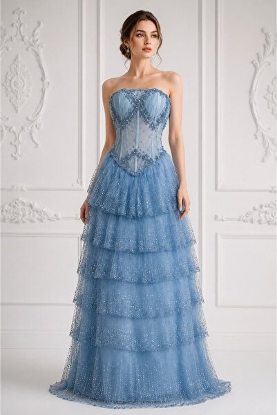 ranin Sky Blue Dress with Layered Tulle and Embellished Chest