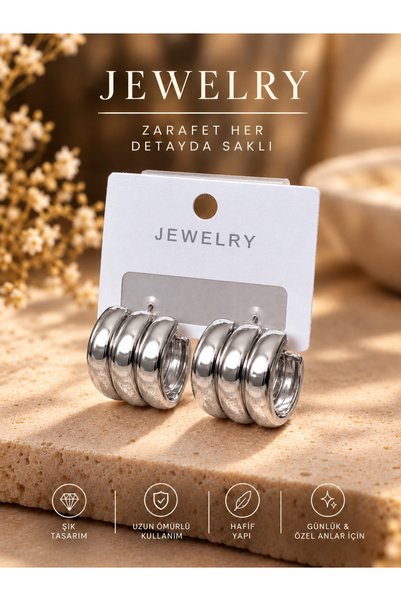 karmabijuteriaksesuar Women's Silver Color 3 Row Stainless Thick Hoop Earrings