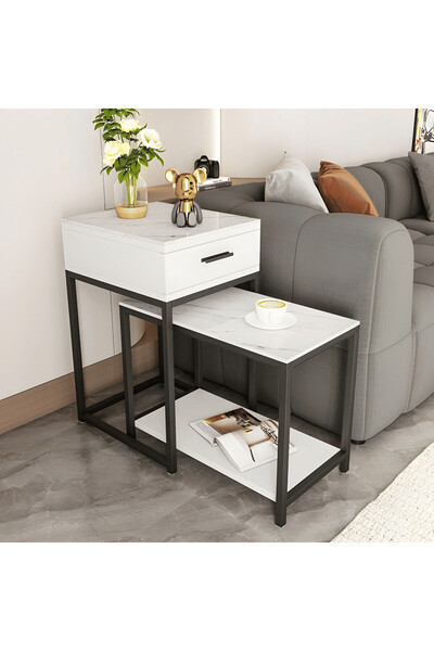 kold concept ZGN84017 Modern Çekmeceli MDF Üst Tablalı Metal Ayaklı Yan Sehpa