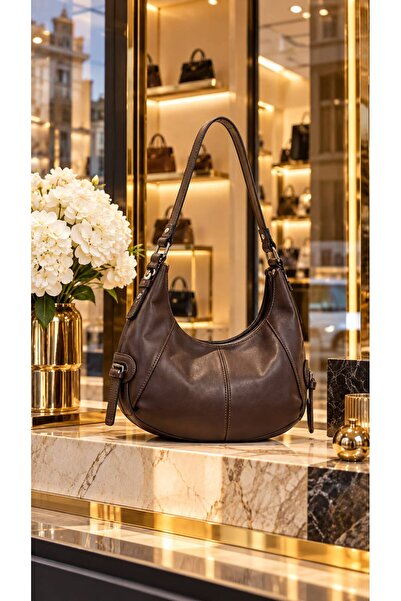 HAZAL KAYA ATELIER Brown Faux Leather Adjustable Strap Women's Bag 11X22 cm
