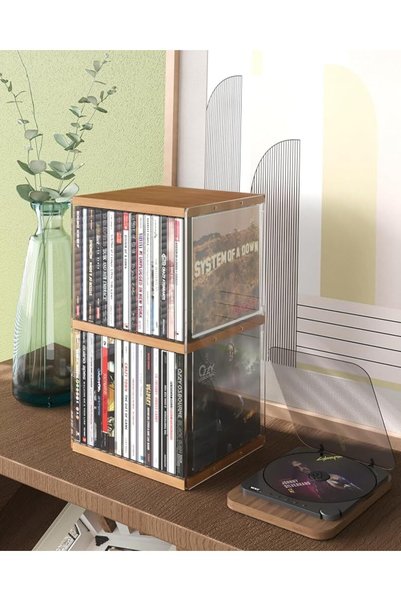 KASTWAVE Walnut Finish MDF CD Rack Organizer, Compact Storage Holder for 30 C...