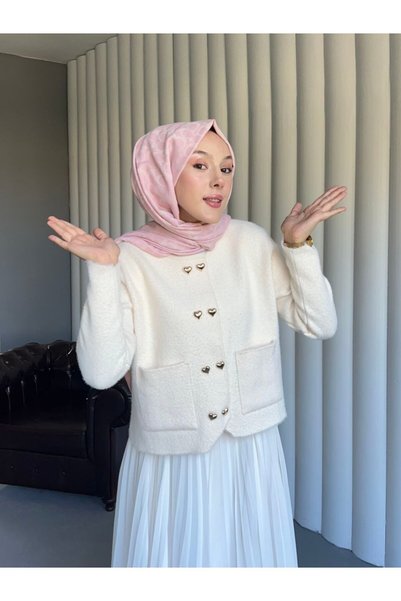 Nes Moda Kadın Kalp Düğme Detaylı Cepli Angora Tesettür Triko Hırka Kazak