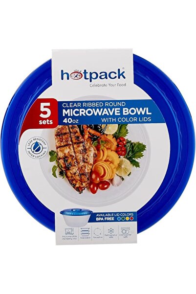 Hotpack Clear Ribbed Round Microwave Bowl 40oz with Multicolour Lids, 5 Sets