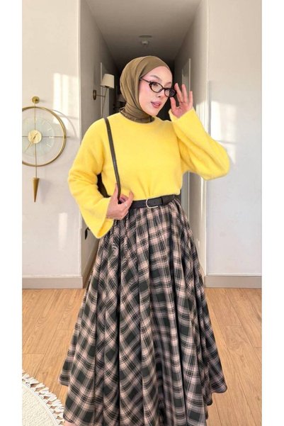 Nes Moda Kadın Geniş Kol Detaylı Bisiklet Yaka Angora Tesettür Triko Kazak
