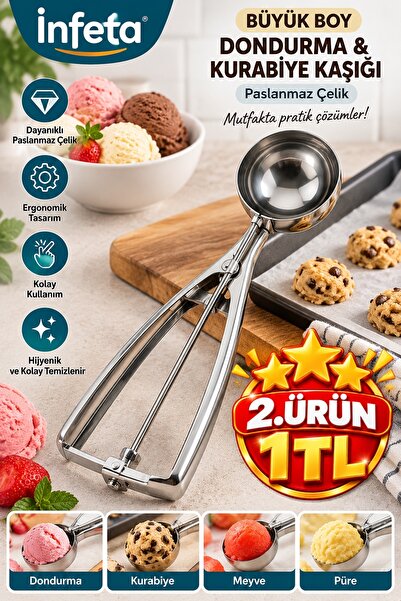 İnfeta Large Size Stainless Steel Metal Ice Cream Scoop Cookie and Dough Port...