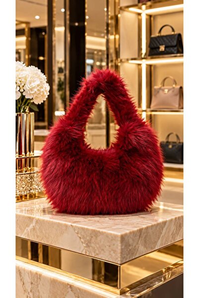 HAZAL KAYA ATELIER Burgundy Soft Textured Plush Women's Bag 28X35 cm