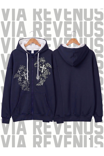 Vordevia Hanorac unisex cu glugă și fermoar, imprimat în stil Y2K Grunge