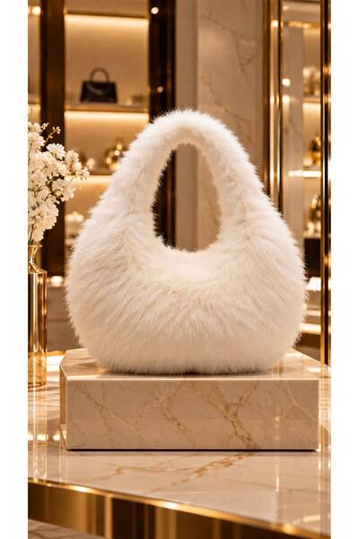HAZAL KAYA ATELIER Ecru Soft Textured Plush Women's Bag 28X35 cm