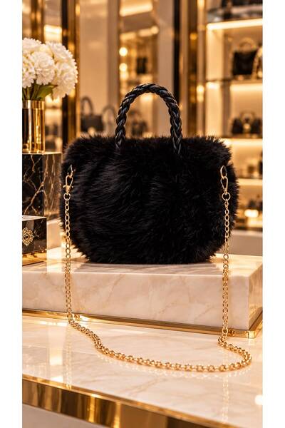 HAZAL KAYA ATELIER Black Soft Textured Plush Chain Strap Women's Bag 21X28 cm
