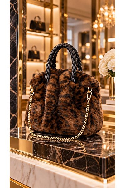 HAZAL KAYA ATELIER Brown Leopard Patterned Plush Chain Strap Women's Bag 21X2...