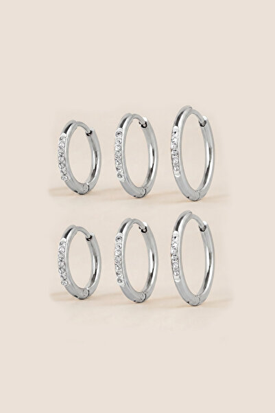 Silver Color Stone Steel 10-12-14 mm 6-Piece Hoop Earrings 2 mm