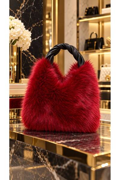 HAZAL KAYA ATELIER Burgundy Faux Leather Handle Plush Women's Bag 27X30 cm