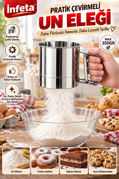 İnfeta Metal Stainless Steel Flour Sieve 250 Gr Practical Rotating Handle Flo...